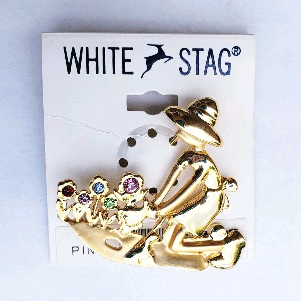 White Stag Gold Tone‎ Gardener Gardening Planting Flowers Brooch Rhinestones
